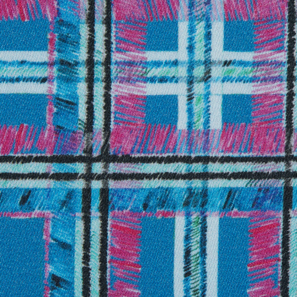 Blue and Pink Plaid Printed Stretch Cotton Sateen Blue and Pink Plaid Printed Stretch Cotton Sateen