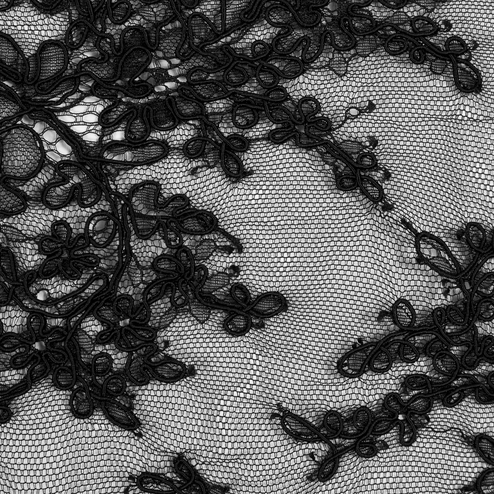 Corded Lace Panel With Finished Edges – Black Floral Fancy Border – 3 yards Corded Lace Panel With Finished Edges – Black Floral Fancy Border – 3 yards