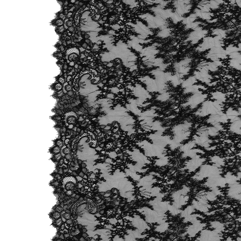Corded Lace Panel With Finished Edges – Black Floral Fancy Border – 3 yards Corded Lace Panel With Finished Edges – Black Floral Fancy Border – 3 yards
