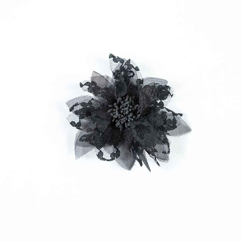 Black Organza and Lace Flower Pin – 4″ x 4″ Black Organza and Lace Flower Pin – 4″ x 4″