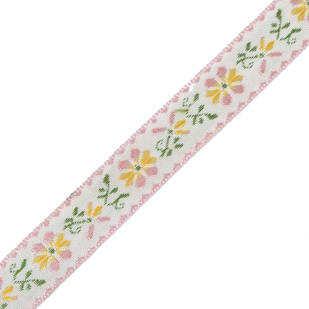 Pink, Yellow and Green Floral German Jacquard Ribbon - 0.625"