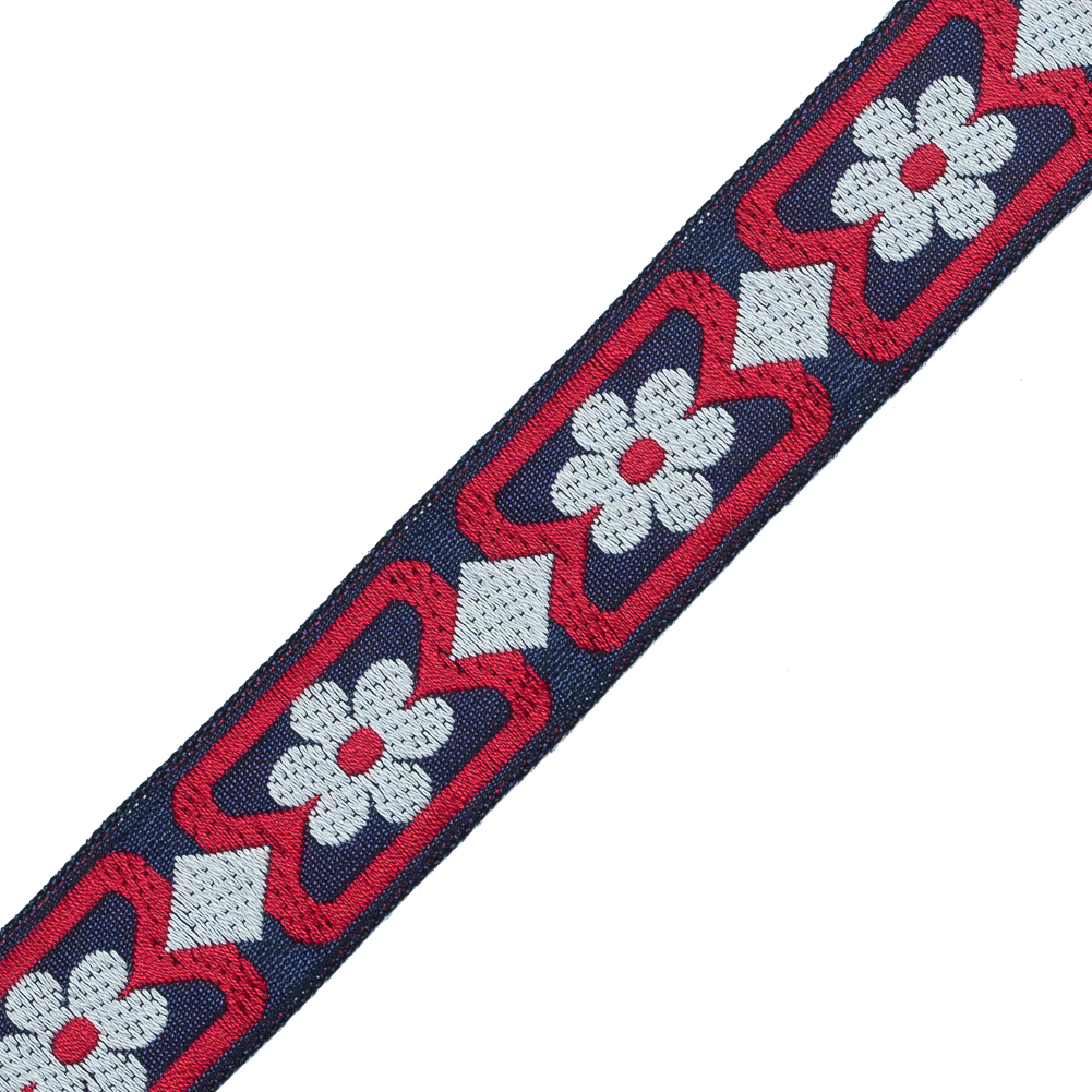 Red, White and Blue Floral German Jacquard Ribbon - 1"