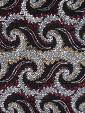 Netting with Sequins – Red, Silver and Gold Paisleys on Black Netting with Sequins – Red, Silver and Gold Paisleys on Black