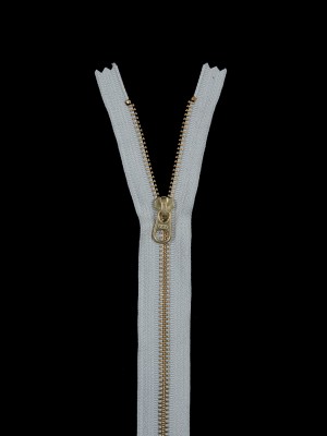 Metal Closed Bottom Zipper with Gold Teeth 9″ – Light Gray Metal Closed Bottom Zipper with Gold Teeth 9″ – Light Gray