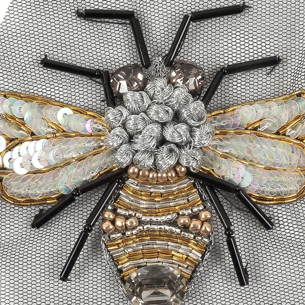 Large Black and Gold Beaded and Sequined Bee Applique - 3.25" x 4"