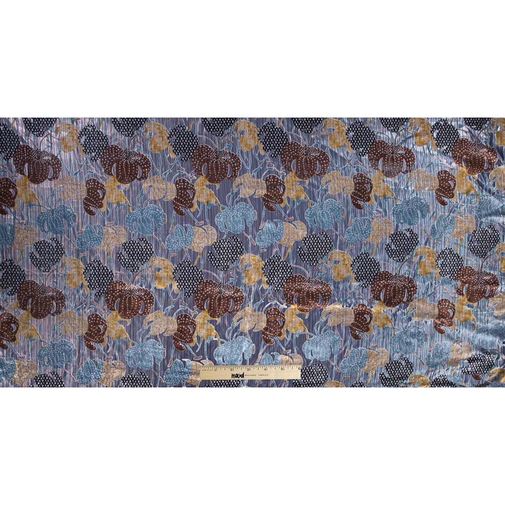 Floral Burnout Velvet with Metallic Silver Stripes – Blue, Yellow and Burgundy Floral Burnout Velvet with Metallic Silver Stripes – Blue, Yellow and Burgundy