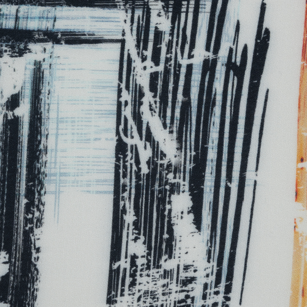 White, Black and Orange Abstract Printed Rayon Crepe White, Black and Orange Abstract Printed Rayon Crepe