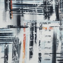 White, Black and Orange Abstract Printed Rayon Crepe White, Black and Orange Abstract Printed Rayon Crepe