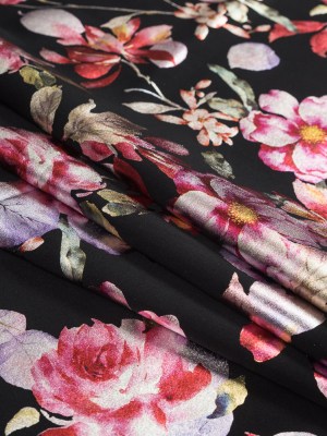 Black Ponte Knit with Multicolor Floral Foil Design Black Ponte Knit with Multicolor Floral Foil Design