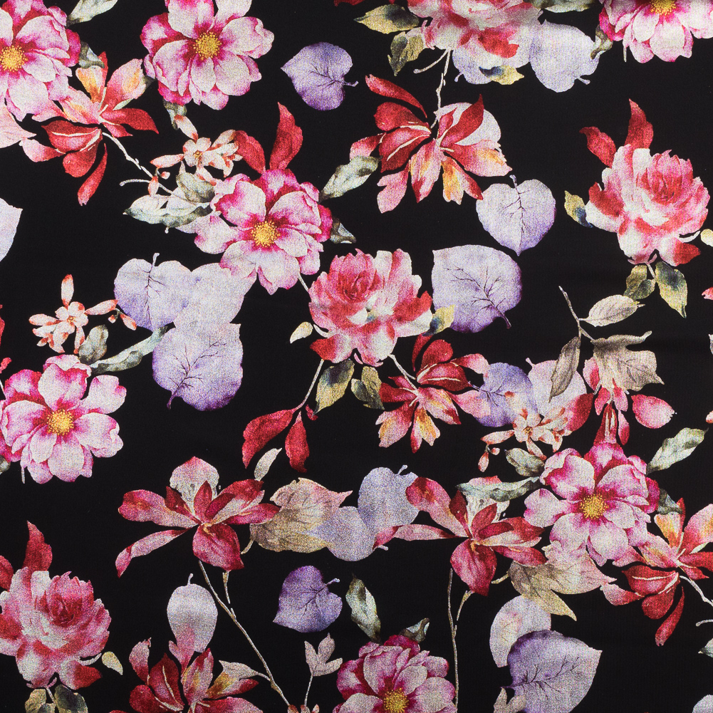 Black Ponte Knit with Multicolor Floral Foil Design Black Ponte Knit with Multicolor Floral Foil Design