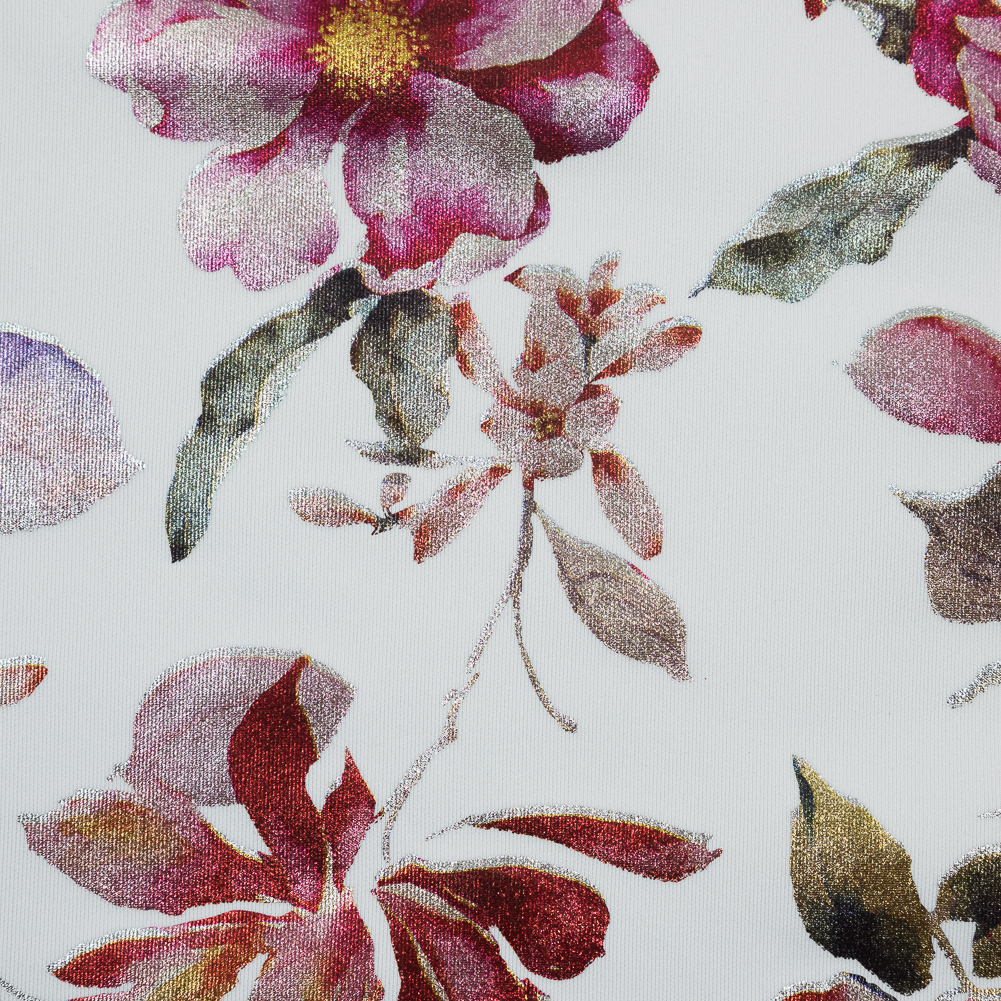 White Ponte Knit with Red Floral Foil Design White Ponte Knit with Red Floral Foil Design