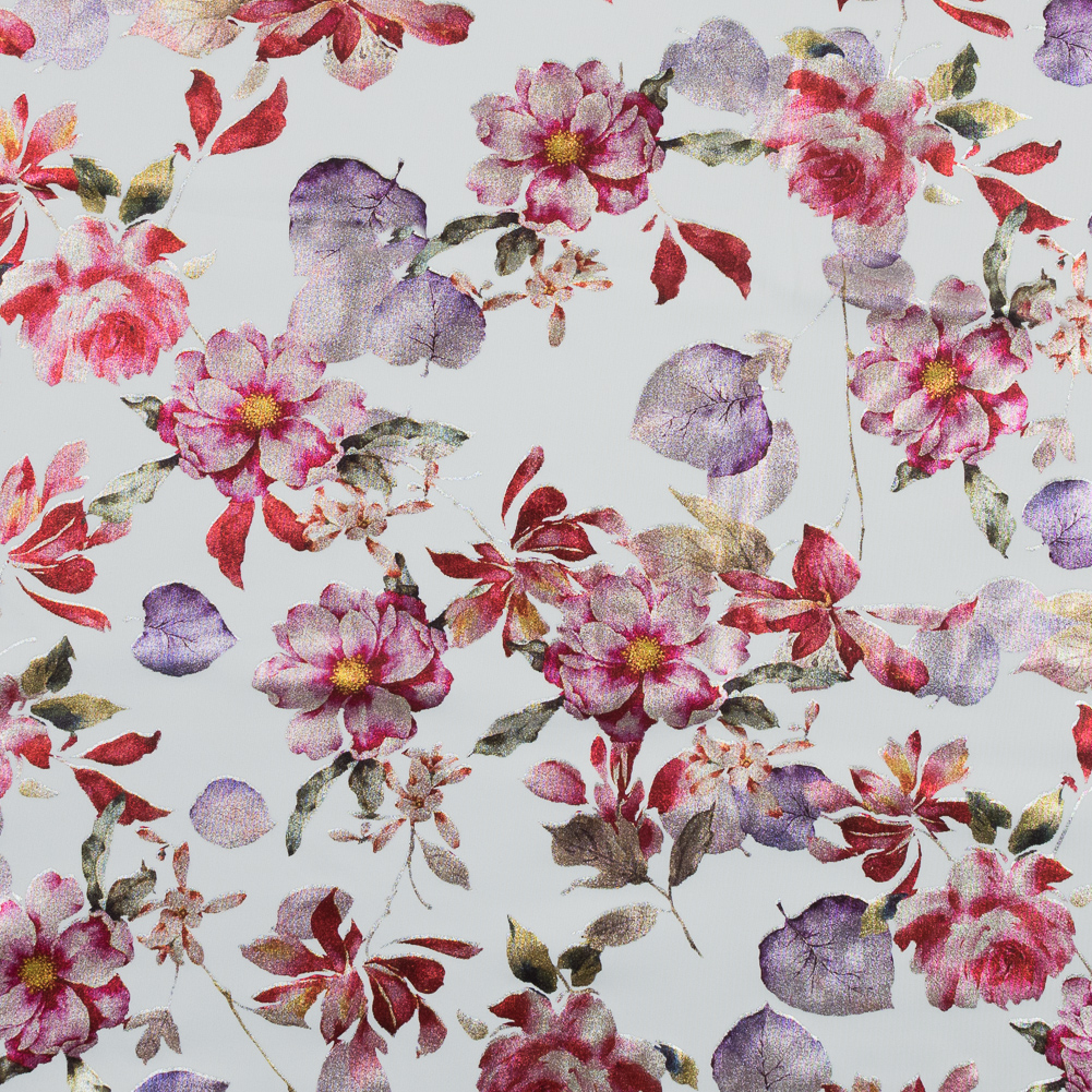 White Ponte Knit with Red Floral Foil Design White Ponte Knit with Red Floral Foil Design