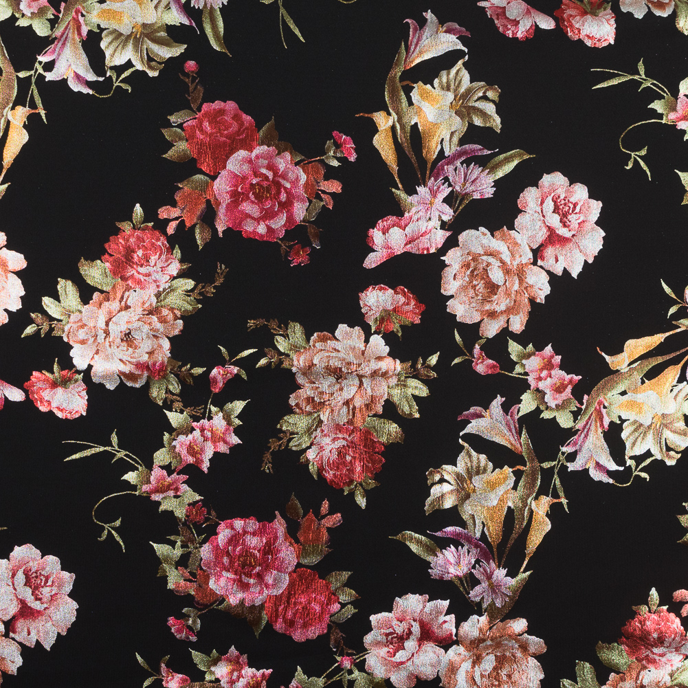 Black Ponte Knit with Multicolor Floral Foil Design Black Ponte Knit with Multicolor Floral Foil Design
