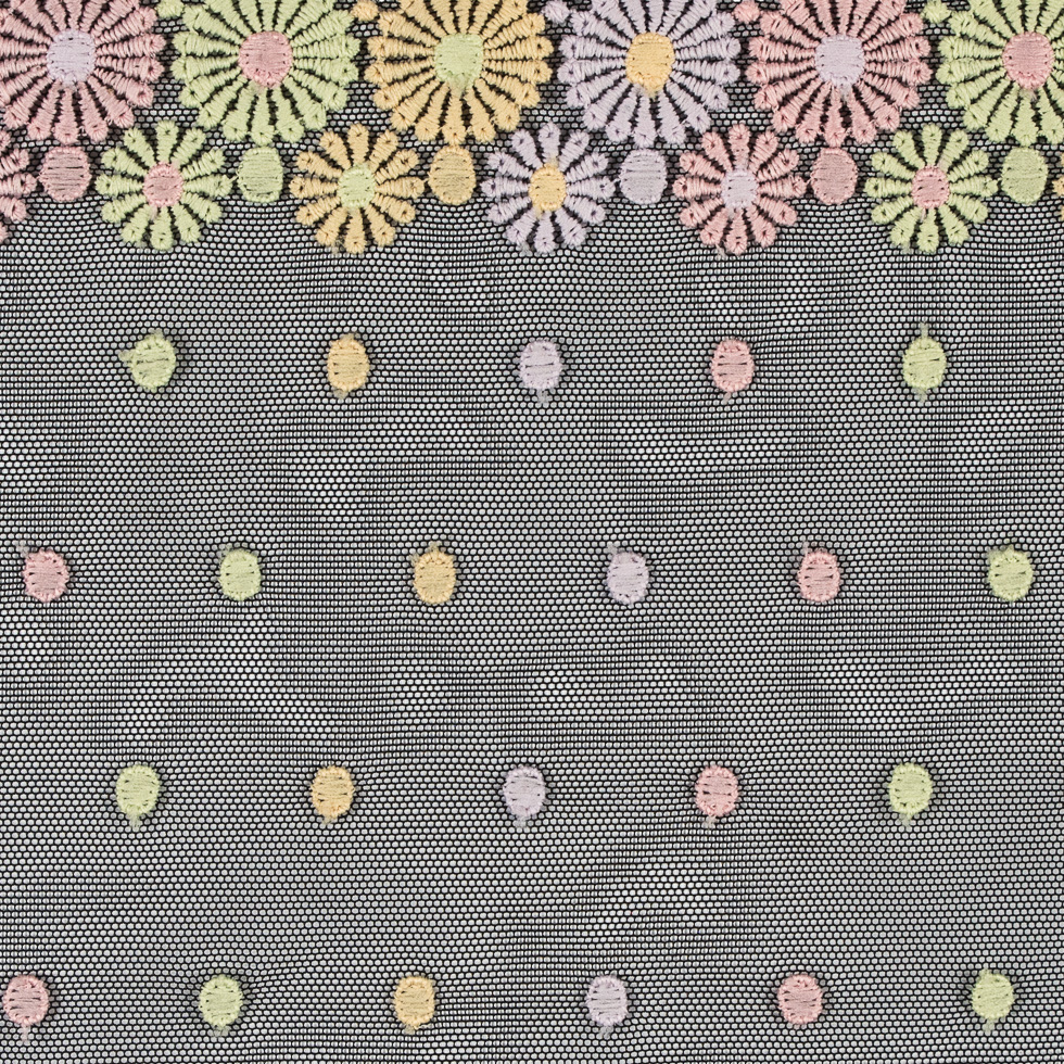 Pastel Floral Embroidery on Black Mesh - 6.5"