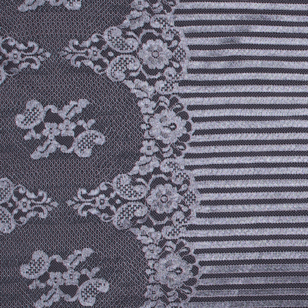 Lace with Scalloped Eyelash Edges – Rose and Metallic Silver Striped Floral Lace with Scalloped Eyelash Edges – Rose and Metallic Silver Striped Floral