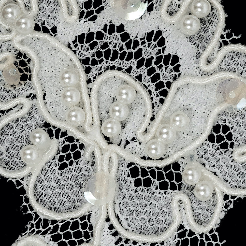 Cream Beaded, Sequined and Corded Lace Applique - 6"