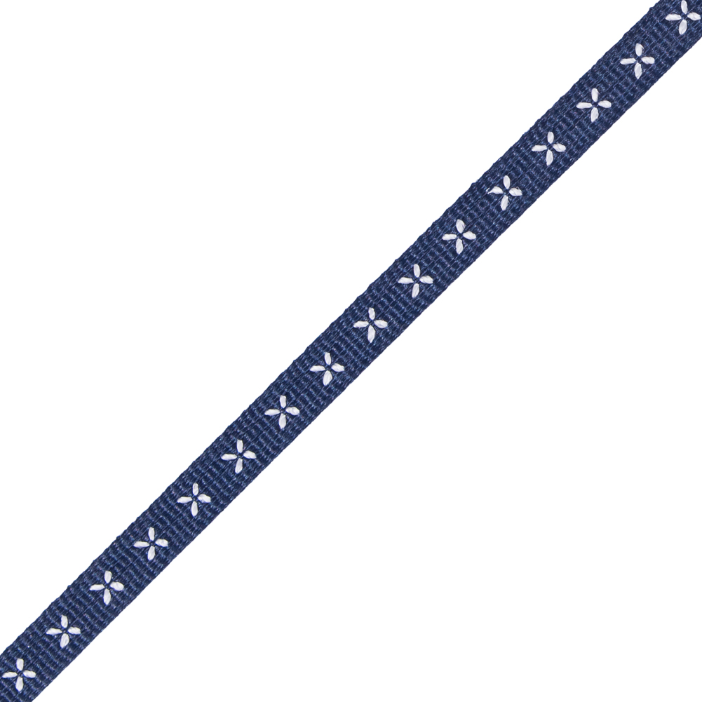 Navy and White Stitched Grosgrain Ribbon - 0.25"