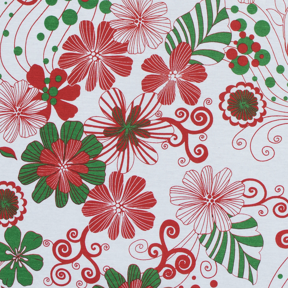 Red, Green and White Christmas-Spirited Floral Cotton Jersey Red, Green and White Christmas-Spirited Floral Cotton Jersey
