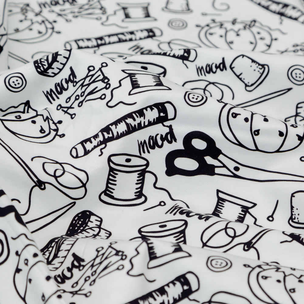 Stretch Carbon Brush Twill - White and Black Sewing Supplies - Sewing Knick Knacks Print - Mood Exclusive Haberdashery Collection