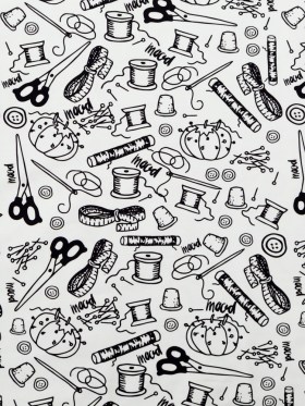 Stretch Carbon Brush Twill – White and Black Sewing Supplies – Sewing Knick Knacks Print – Mood Exclusive Haberdashery Collection Stretch Carbon Brush Twill – White and Black Sewing Supplies – Sewing Knick Knacks Print – Mood Exclusive Haberdashery Collection