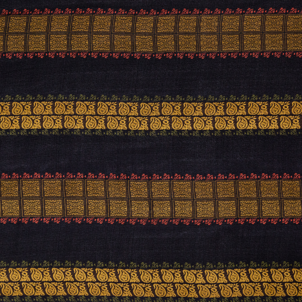 Mustard and Black Paisley and Square Striped Silk Chiffon Mustard and Black Paisley and Square Striped Silk Chiffon