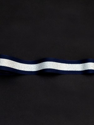 Italian Metallic Silver and Navy Striped Grosgrain Ribbon – 1″ Italian Metallic Silver and Navy Striped Grosgrain Ribbon – 1″