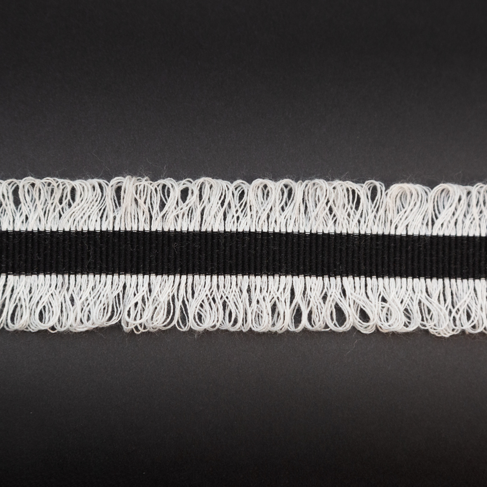 Italian Black and Light Gray Wool Grosgrain Trim with Loop Fringe Edges - 1.5"
