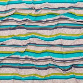 Turquoise, Lime and Taupe Barcode Striped Rayon Jersey Turquoise, Lime and Taupe Barcode Striped Rayon Jersey
