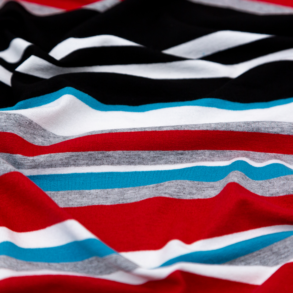 Very Cherry, Black and River Blue Barcode Striped Rayon Jersey Very Cherry, Black and River Blue Barcode Striped Rayon Jersey