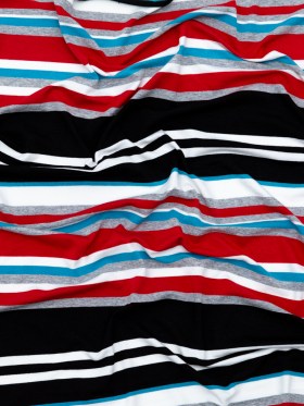 Very Cherry, Black and River Blue Barcode Striped Rayon Jersey Very Cherry, Black and River Blue Barcode Striped Rayon Jersey