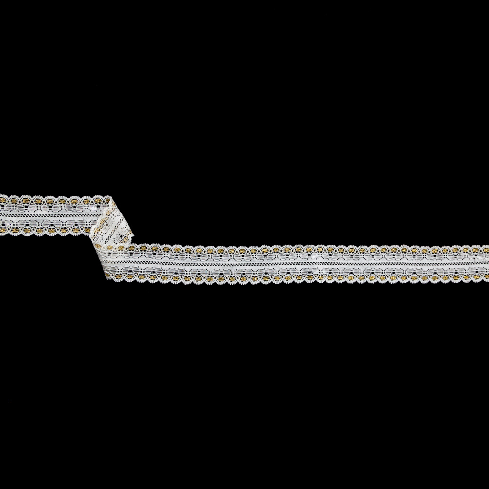 European White and Metallic Gold Stretch Lace Trim with Double Scalloped Edges – 1.125″ European White and Metallic Gold Stretch Lace Trim with Double Scalloped Edges – 1.125″