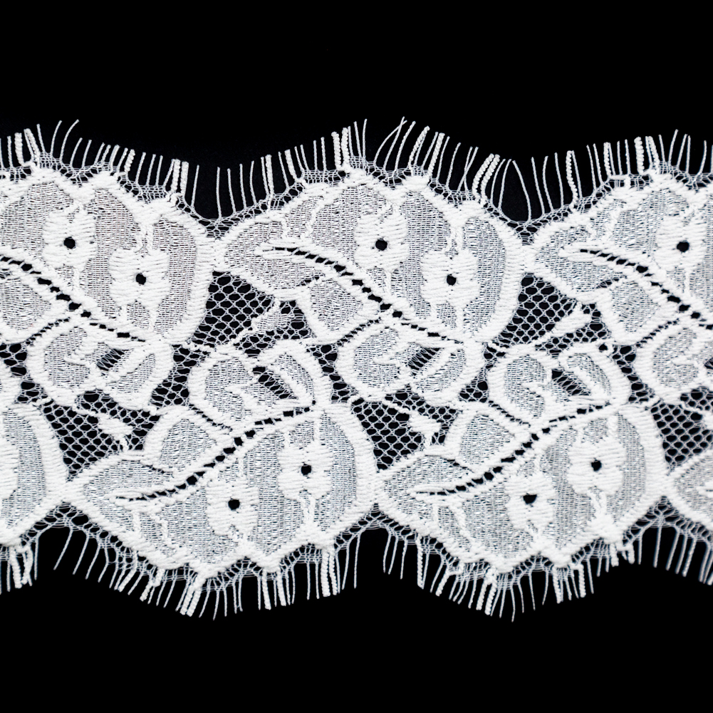 European White Leaf Embroidered Scalloped Eyelash Edge Lace Trim - 3.5"