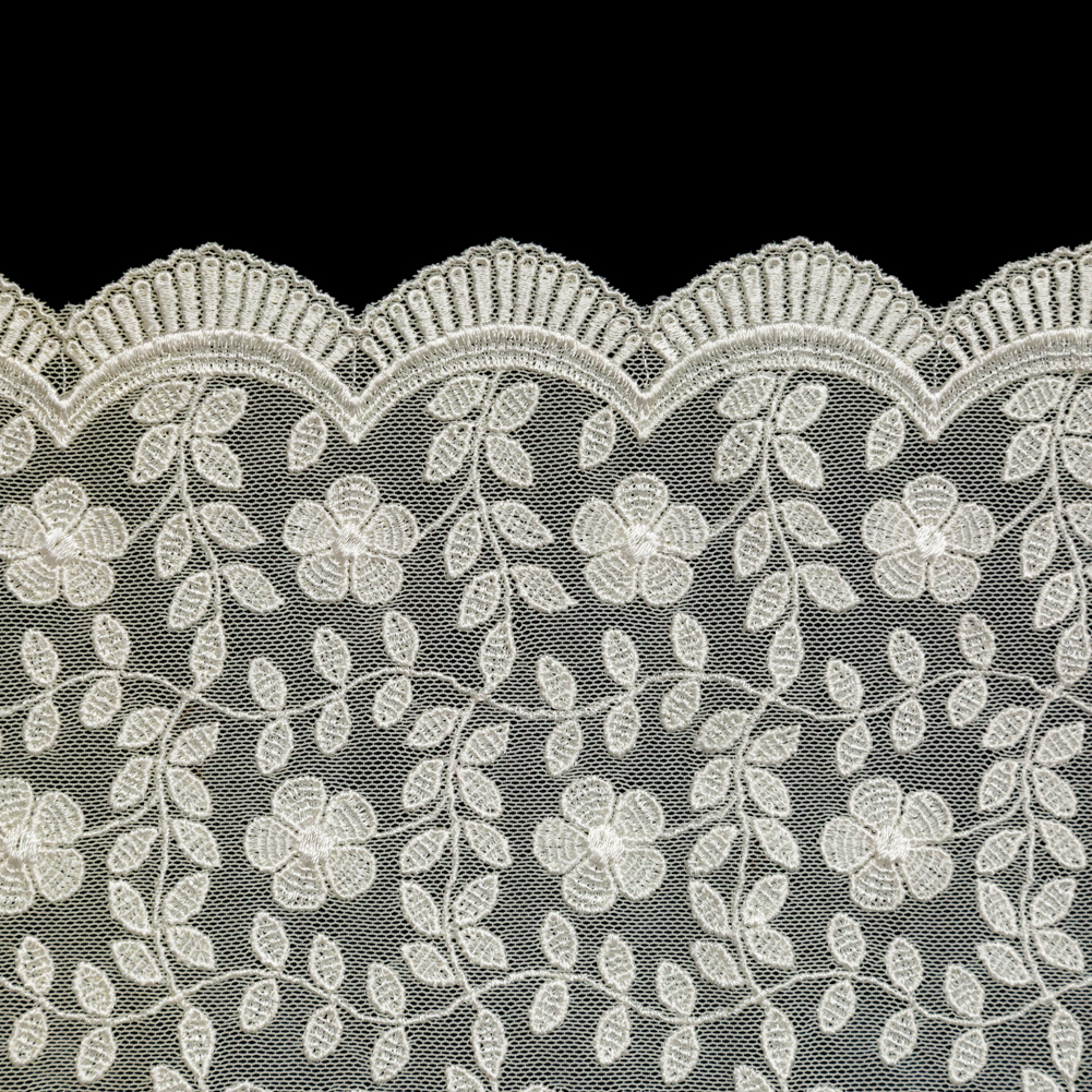 European Ivory Floral Embroidered Stretch Scalloped Lace Trim - 8"