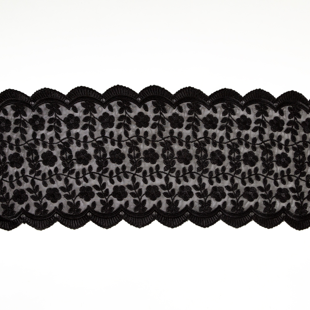 European Black Floral Embroidered Stretch Scalloped Lace Trim – 8″ European Black Floral Embroidered Stretch Scalloped Lace Trim – 8″