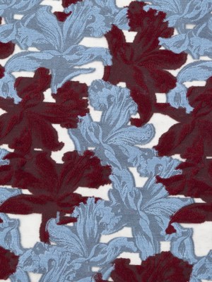 Italian Burgundy and Light Blue Floral Embroidered Wool Burnout Italian Burgundy and Light Blue Floral Embroidered Wool Burnout