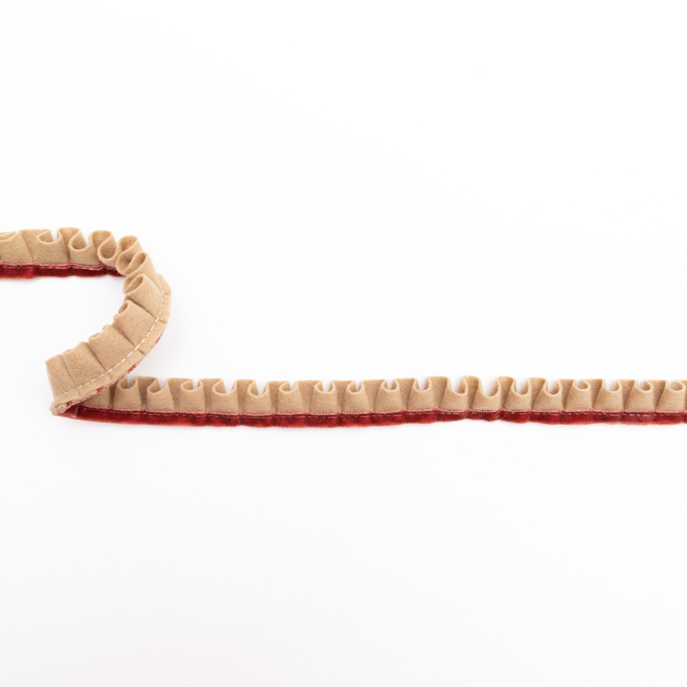 Italian Beige and Rust Pleated Wool and Velvet Trimming – 0.75″ Italian Beige and Rust Pleated Wool and Velvet Trimming – 0.75″