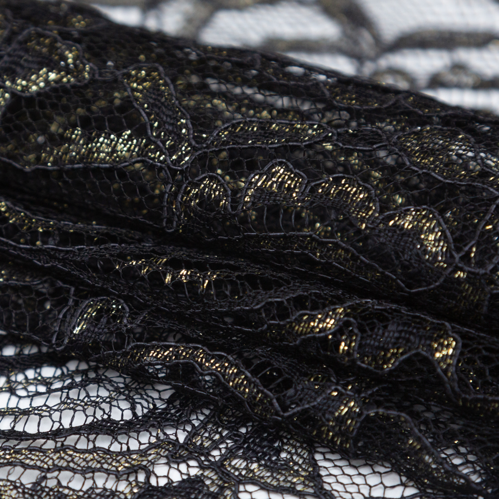 Stretch Corded Chantilly Lace – Metallic Gold and Black Paisley Stretch Corded Chantilly Lace – Metallic Gold and Black Paisley