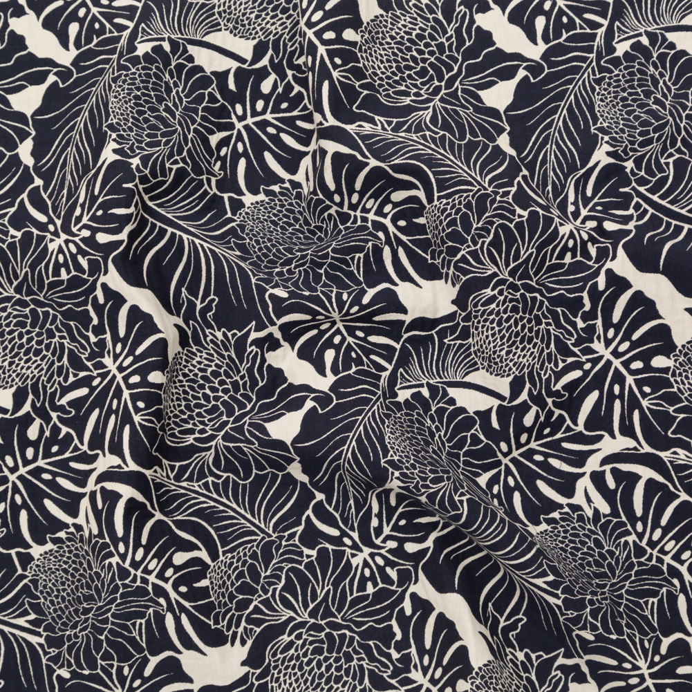 Italian Carbon Blue and Ecru Floral Cotton Jacquard Italian Carbon Blue and Ecru Floral Cotton Jacquard