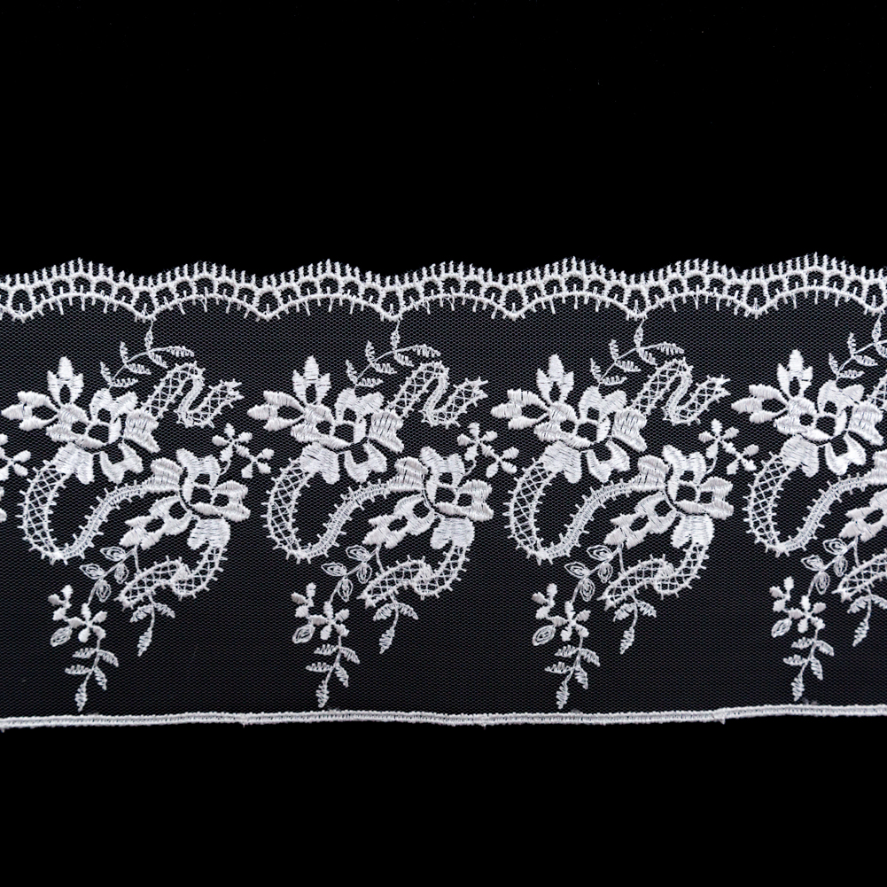 European Off-White Floral Embroidered Lace on Mesh - 4"