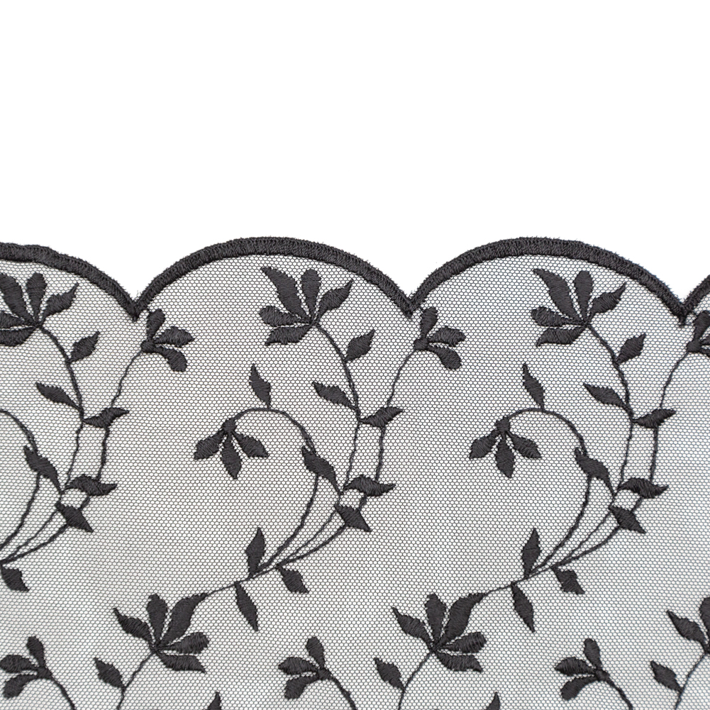 European Black Scalloped Embroidery Lace on Mesh - 9.5"
