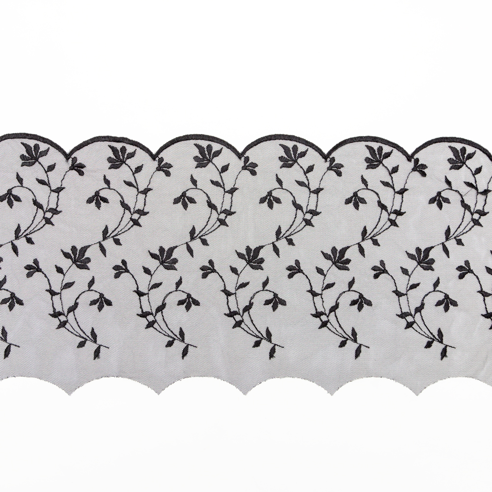 European Black Scalloped Embroidery Lace on Mesh – 9.5″ European Black Scalloped Embroidery Lace on Mesh – 9.5″