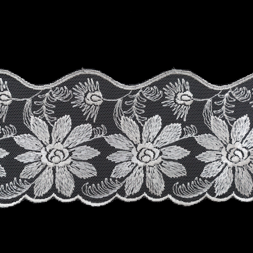 European White Floral Scalloped Embroidery Lace on Mesh - 3.375"