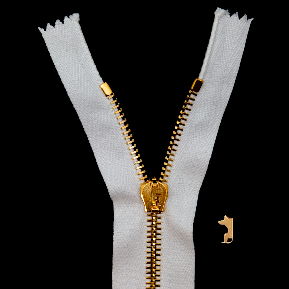 Mood Exclusive Italian White and Gold T5 Closed End Metal Zipper – 9″ Mood Exclusive Italian White and Gold T5 Closed End Metal Zipper – 9″