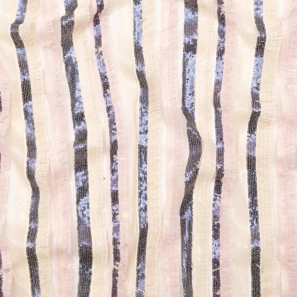 Italian Novelty Pale Beige and Pink Sequins and Fringe Striped Tulle Italian Novelty Pale Beige and Pink Sequins and Fringe Striped Tulle