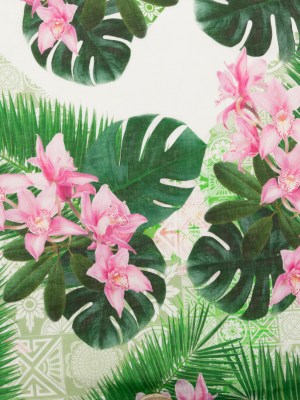 Pesto Palms and Pink Lilies Printed Linen Woven Pesto Palms and Pink Lilies Printed Linen Woven