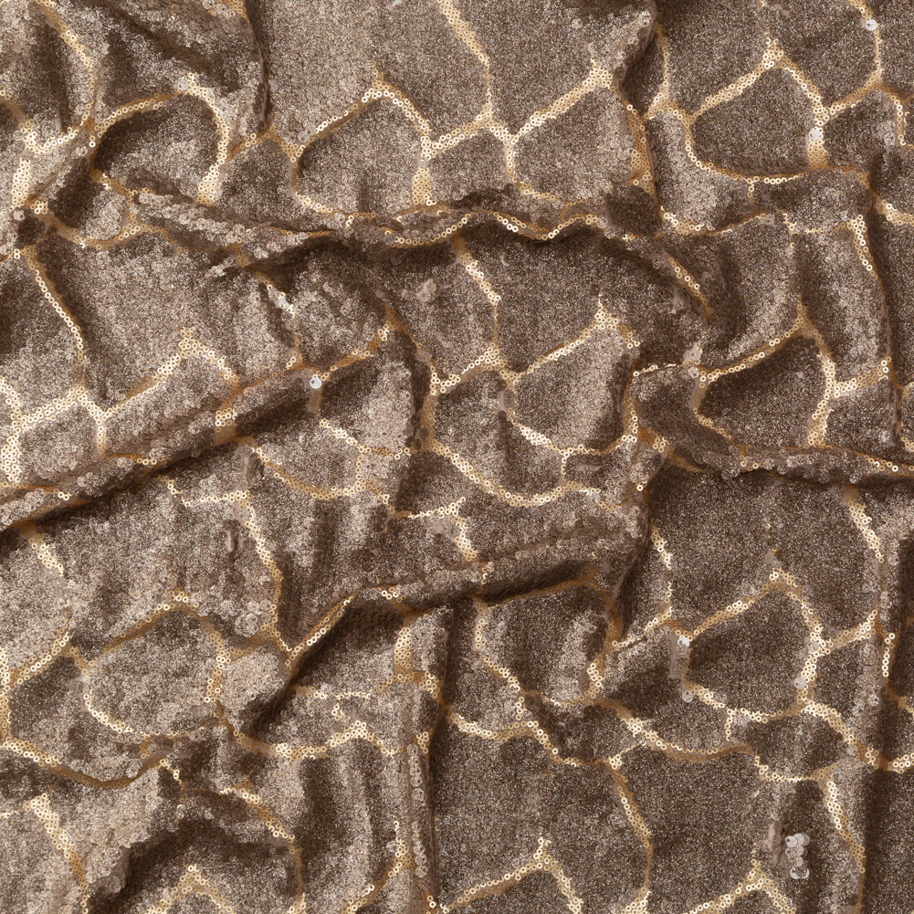 Mesh with Sequins – Metallic Bronze Cracking Spots on Dark Beige Mesh with Sequins – Metallic Bronze Cracking Spots on Dark Beige