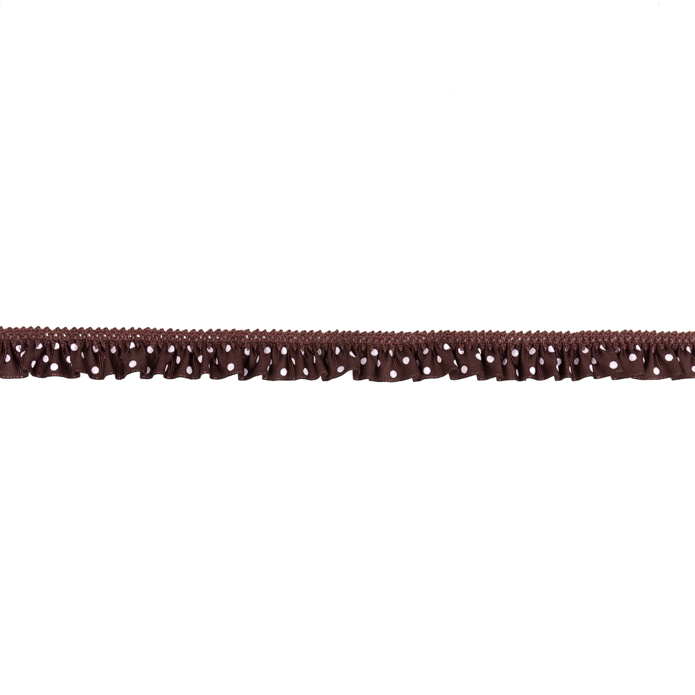 European Brown and White Polka Dot Ruffled Stretch Grosgrain .875″ European Brown and White Polka Dot Ruffled Stretch Grosgrain .875″