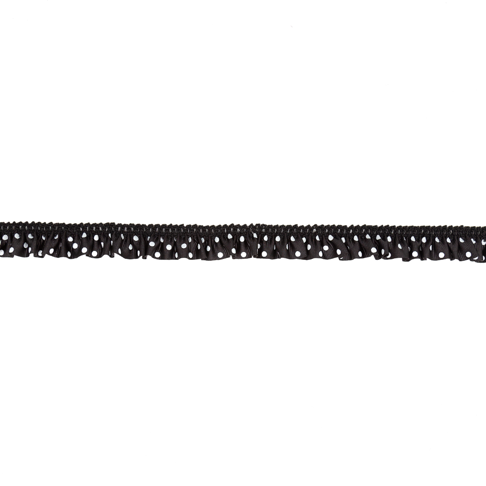 European Black and White Polka Dot Ruffled Stretch Grosgrain .875″ European Black and White Polka Dot Ruffled Stretch Grosgrain .875″