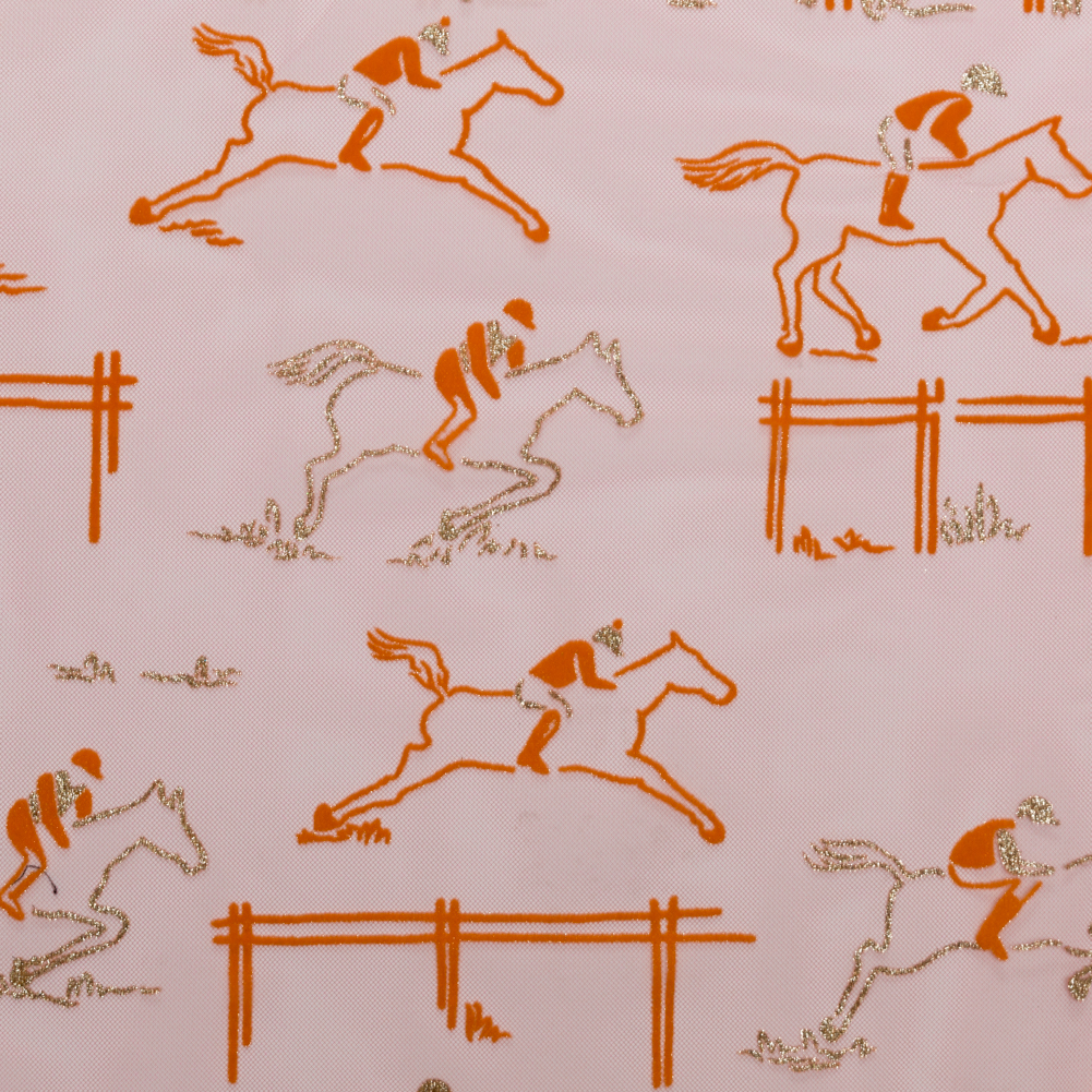 Carolina Herrera Metallic Gold, Hot Pink and Orange Horse Derby Flocked Tulle Carolina Herrera Metallic Gold, Hot Pink and Orange Horse Derby Flocked Tulle