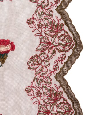 Italian Red, Gold and Green Metallic Floral Embroidery on Brown Tulle with Finished Edges Italian Red, Gold and Green Metallic Floral Embroidery on Brown Tulle with Finished Edges